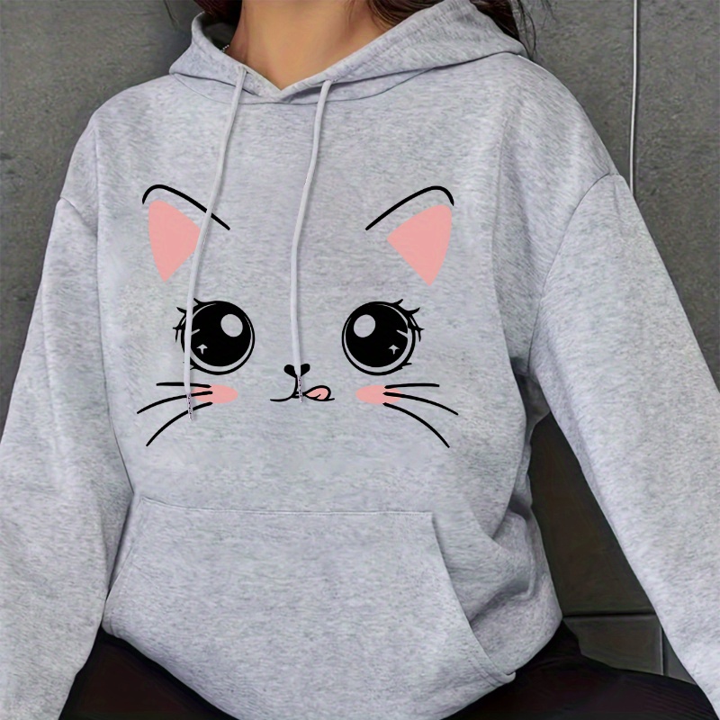 

Cute Cartoon Cat Print Kangaroo Pocket Hoodie, Casual Long Sleeve Drawstring Hoodies Sweatshirt, Women's Clothing