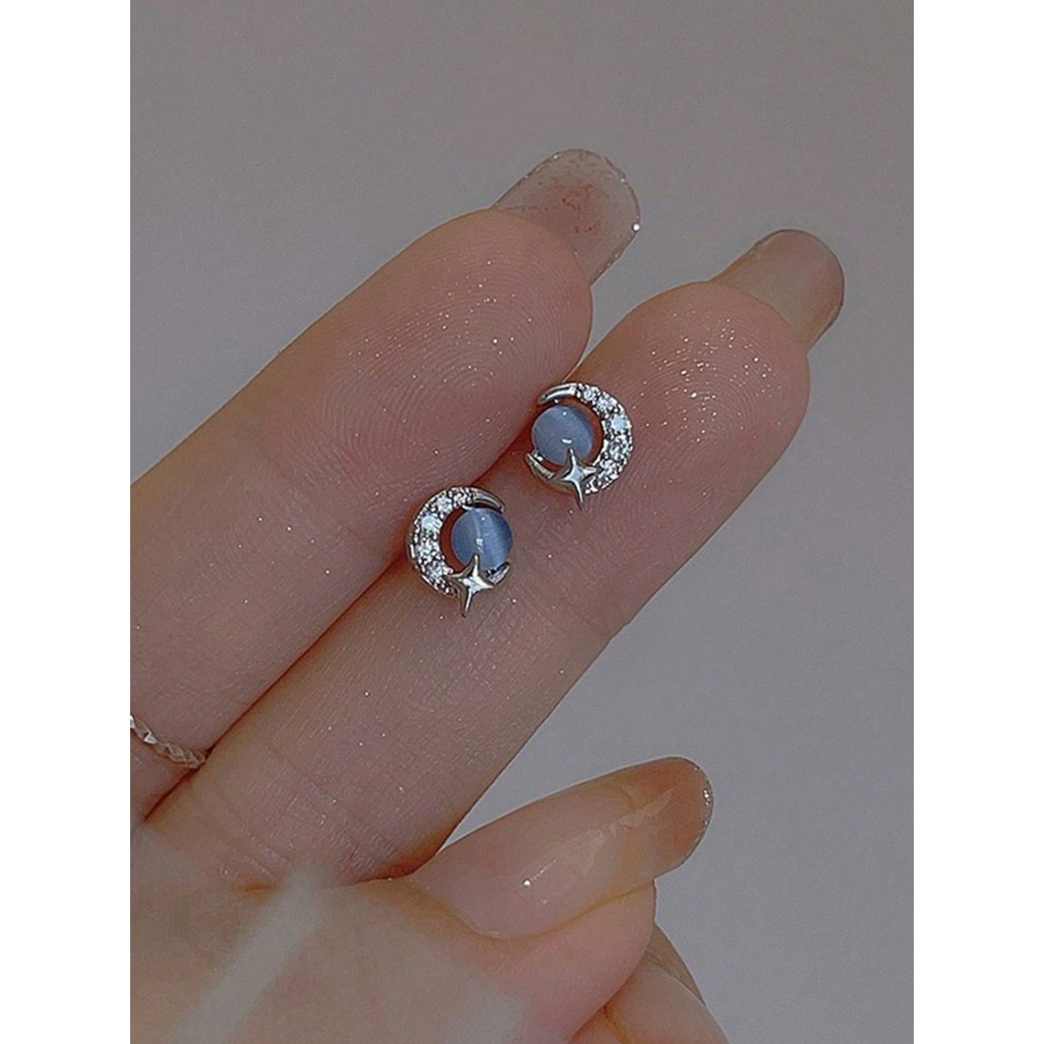 

1pair Elegant And Exquisite Small Blue Cat Eye Stone Star & Moon Stud Earrings
