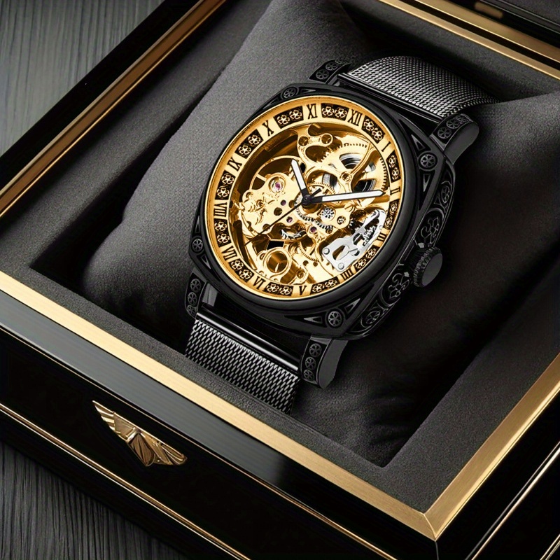 

Men's Mesh With Golden Surface Hollow Automatic Mechanical Watch