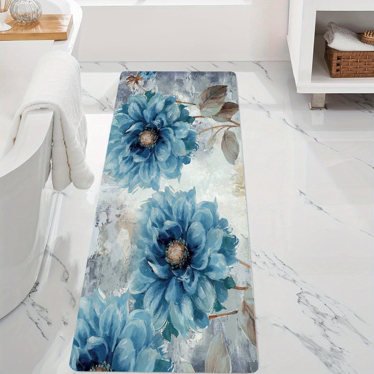 

1pc Floral Blue Polyester Bath Mat - Non-slip, Woven Bathroom Rug, 1cm Thick, 468gsm, Rectangle Shape