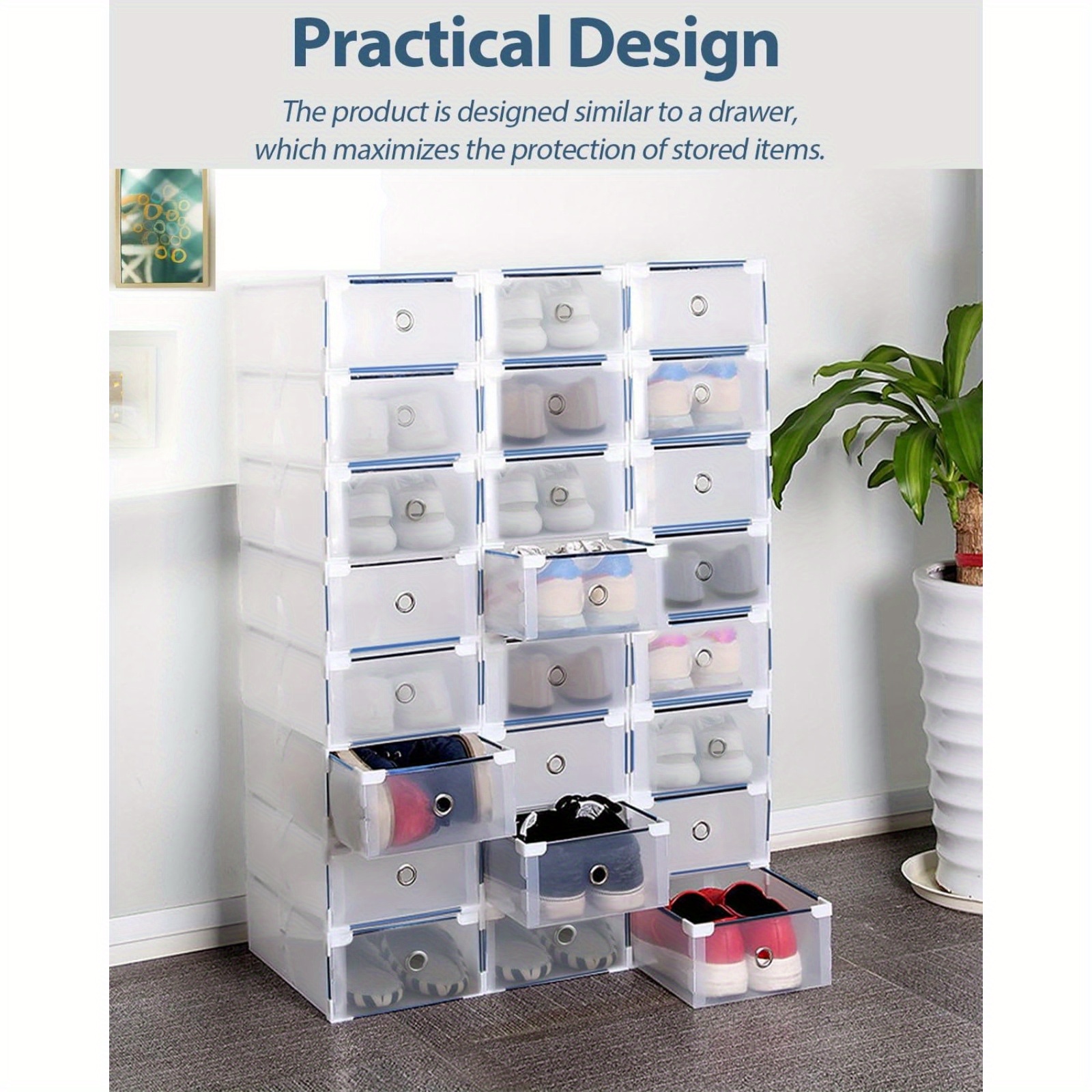 E-shop 10er-Pack Schuhboxen, transparente, stapelbare Schuh-Organizer aus transparentem Kunststoff mit Schubladen, Schuhboxen zur platzsparenden