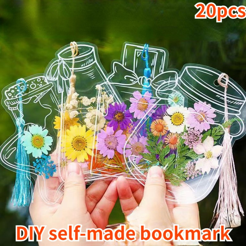 

20-piece Diy Flower Bookmarks Kit - Transparent Bottle & Leaves Design With Pressed Flowers, Creative Self-made Student Bookmarks