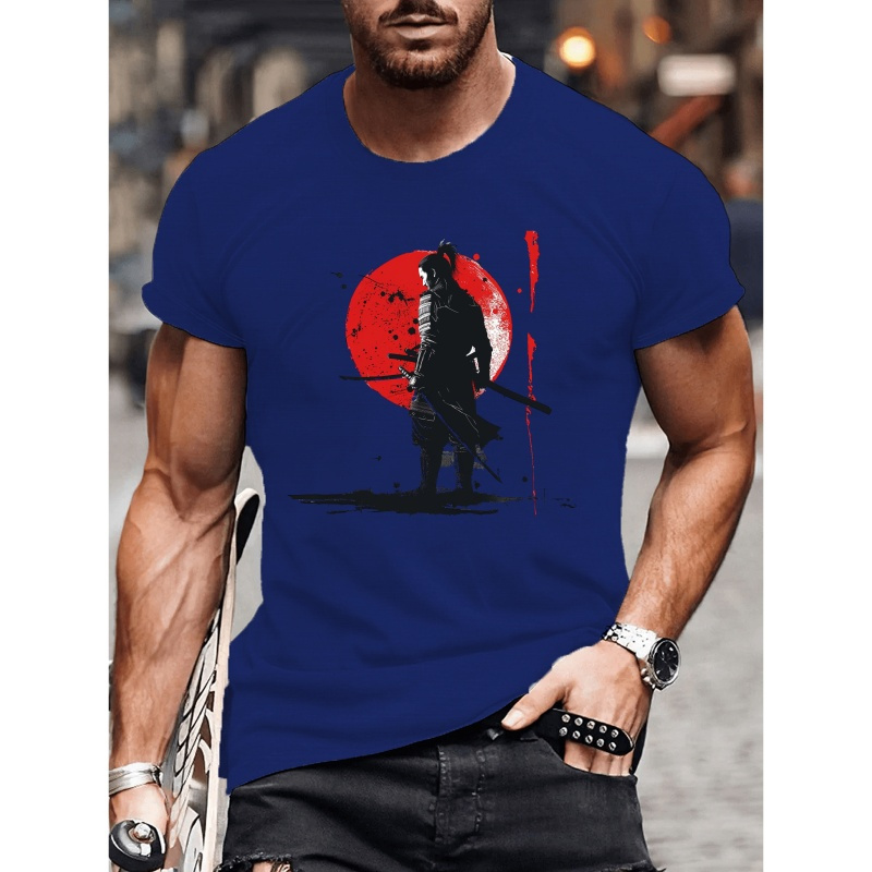 

Creative Samurai Silhouette Print Men's Crew Neck Short Sleeve T-shirt, Slightly Elastic, Summer Casual Comfy Top For Outdoor Fitness & Daily Wear