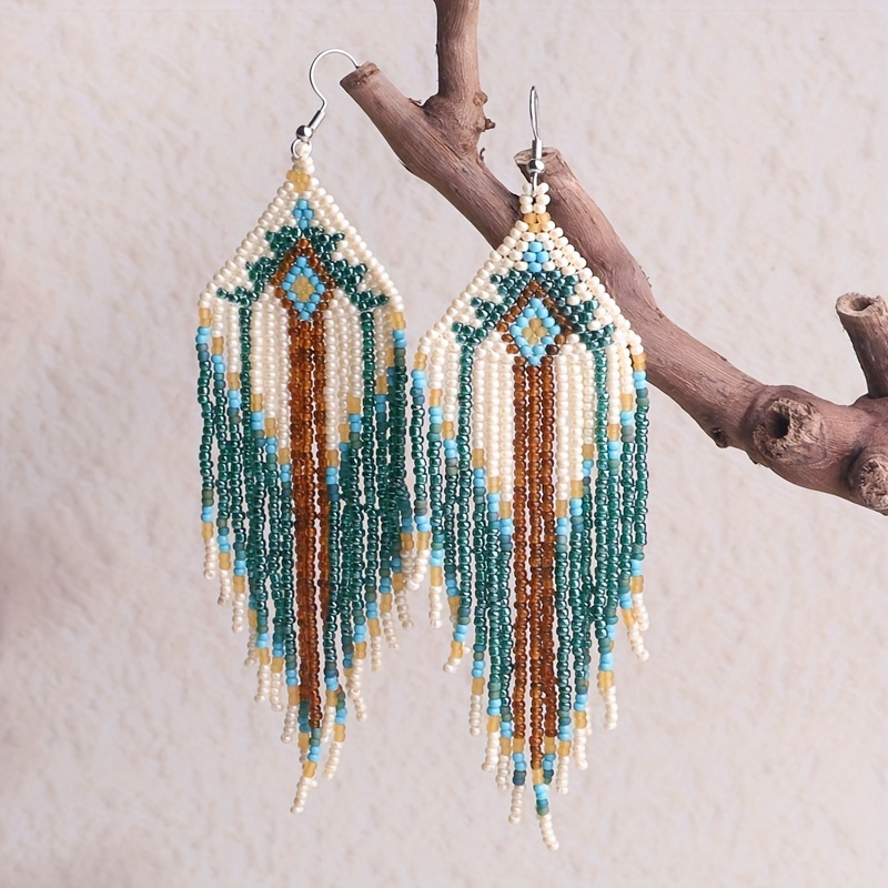 

2 Bohemian Style White Green Brown Beaded Long Tassel Earrings, Delivered In A Gift Box