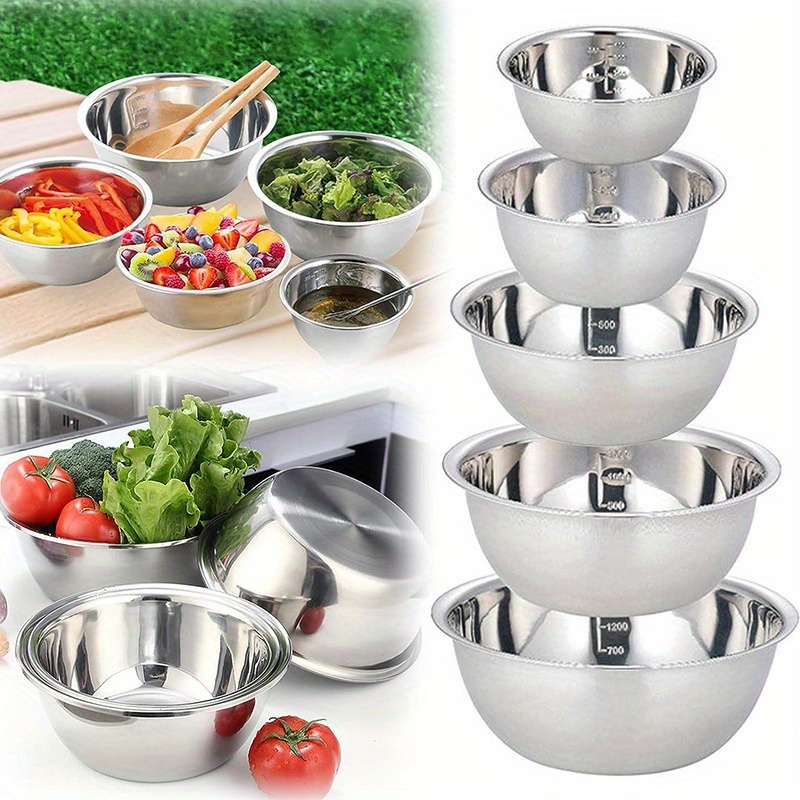 

Stainless Steel Bowl Set With Scale - 5pcs Multifunctional, Thickened Large Basin For Cooking, Serving, Food Prep | Kitchen & Restaurant Supplies