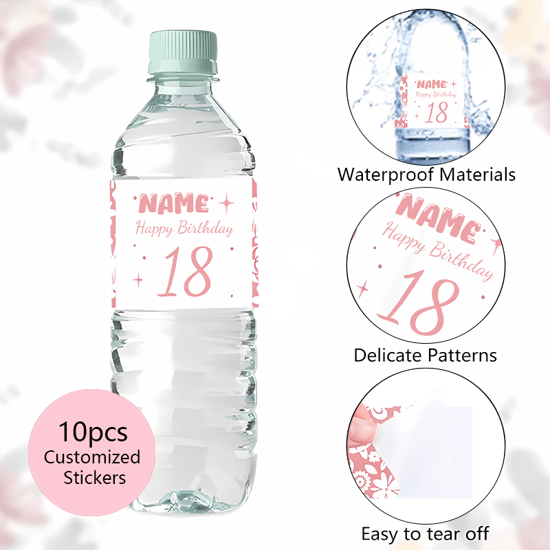 

10pcs Personalized Water Bottle Label Stickers For 18th Birthday Party, Pink Floral Design, Customizable Name And Date, Waterproof Paper, No Feathers, Wedding Themed Decorative Adhesive Tags