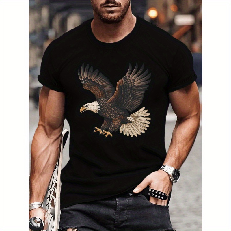 

Flight Eagle Graphic Print Crew Neck Short Sleeve T-shirt For Men, Casual Summer T-shirt For Daily Wear And Vacation Resorts