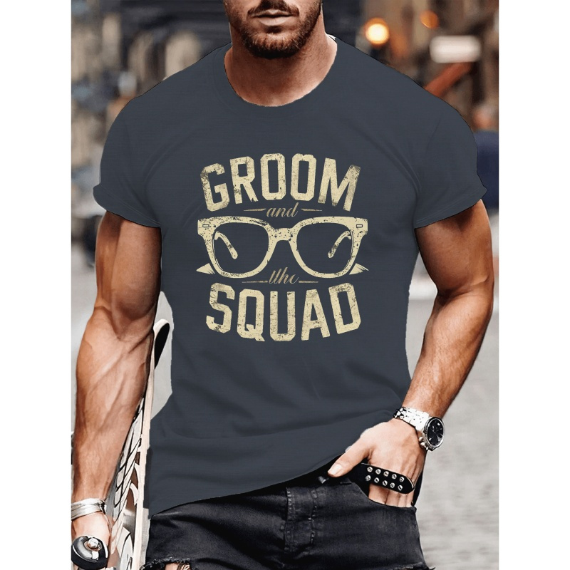 

Groom Squad Typography Alphabet Print Crew Neck Short Sleeve T-shirt For Men, Casual Summer T-shirt For Daily Wear And Vacation Resorts