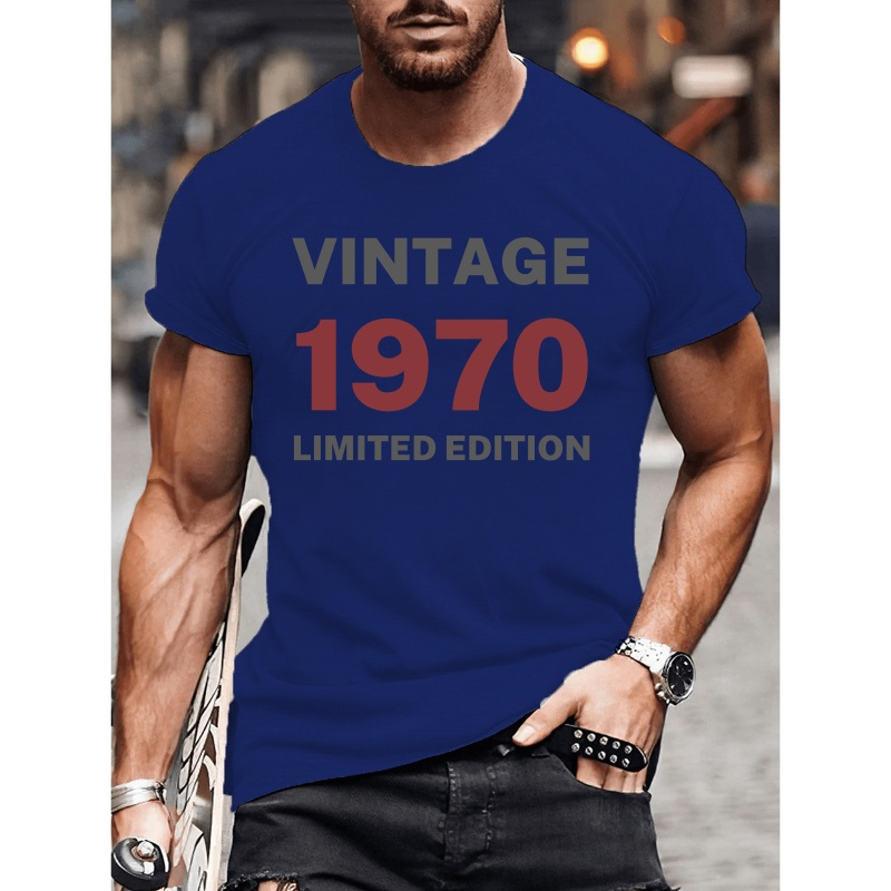 

' Vintage 1970 Limited Edition ' Print Men's Crew Neck Short Sleeve T-shirt For Summer, Stylish & Comfy Top For Outdoor Fitness & Daily Wear