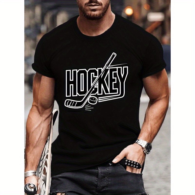 

hockey" Alphabet Print Crew Neck Short Sleeve T-shirt For Men, Casual Summer T-shirt For Daily Wear And Vacation Resorts