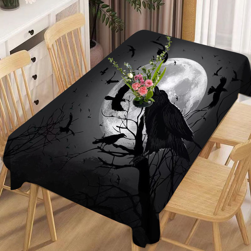 

Spooky Halloween Tablecloth: Black And White And Moon Design, Machine-made, Waterproof, And Durable For Home, Party, Or Restaurant Use