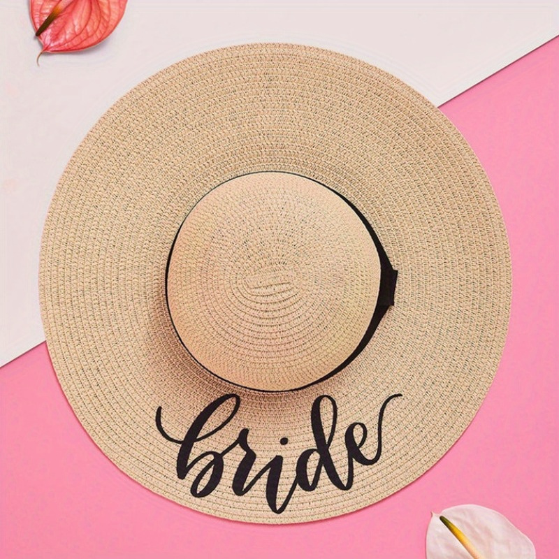 

Women's "bride" Embroidered Wide Brim Straw Hat, Beach Sun Protection, Bachelorette Party, Vacation Style Accessory