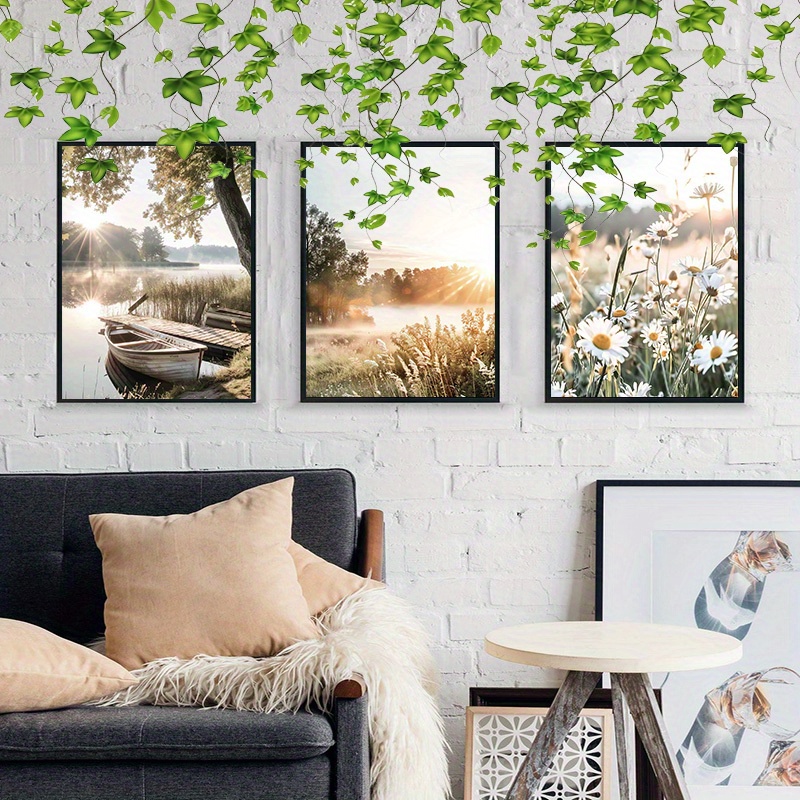 

3-piece Set Rustic Nature Scene Canvas Wall Art, Rolled Cloth Fishing Boat & Daisy Flowers Prints, Frameless Decorative Posters For Home Office, 12x18 Inches