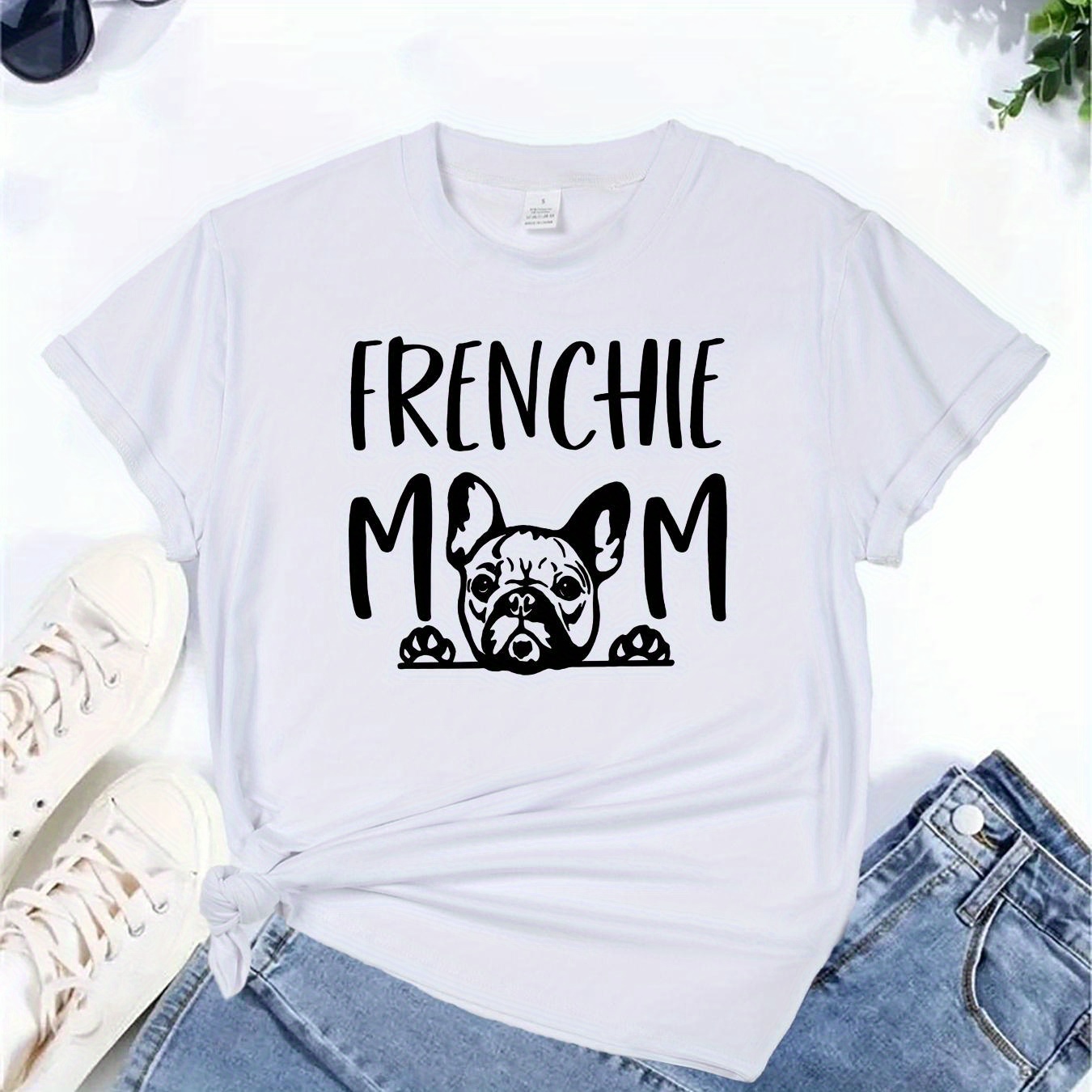 

Women's "frenchie Mom" Graphic Tee, Casual Round Neck Short Sleeve T-shirt, Fashionable Breathable Comfort Fit, Multiple Colors Available, Ladies Apparel