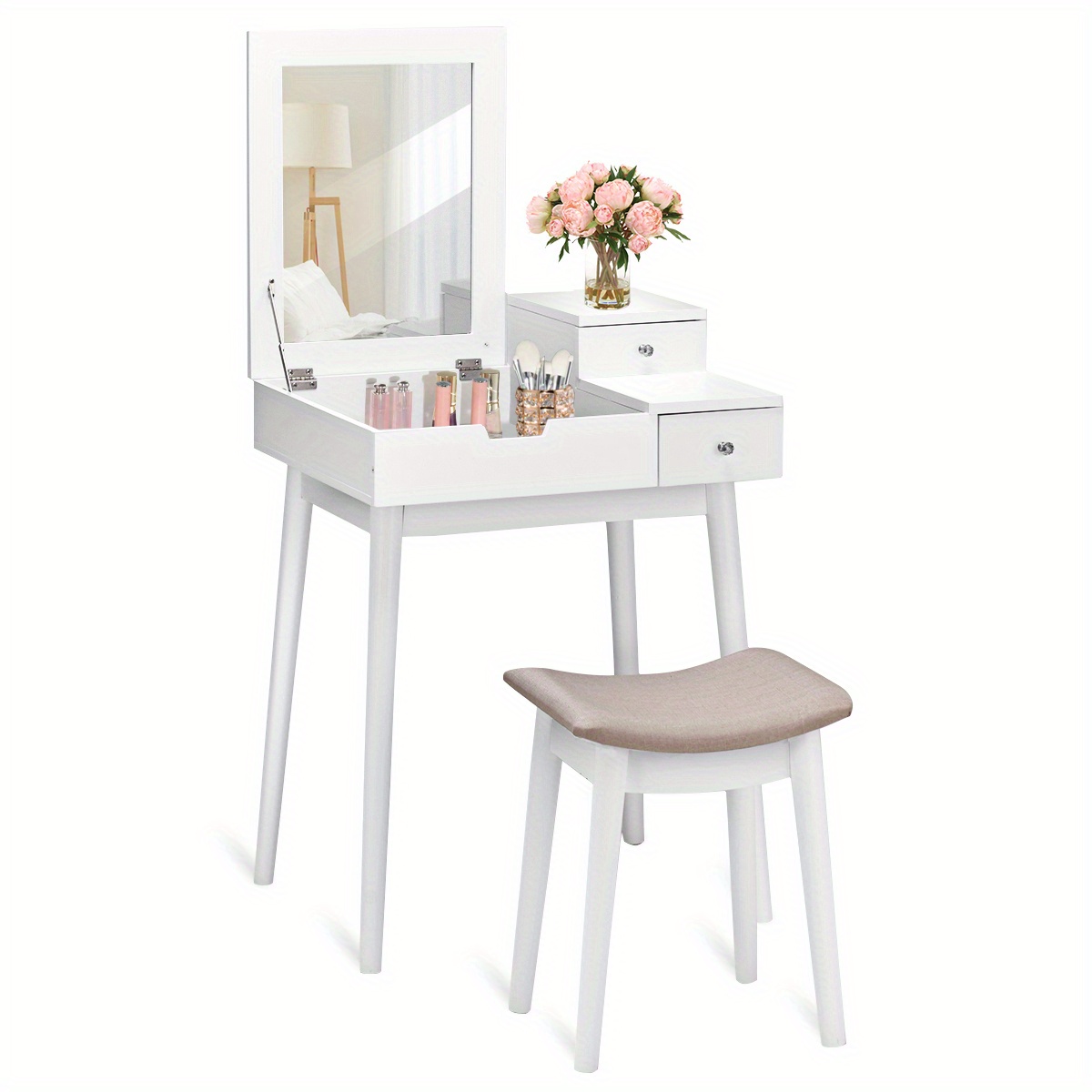 

Safstar Vanity Dressing Table Set Flip Mirror Desk Furniture Stool W/ 2 Drawer White