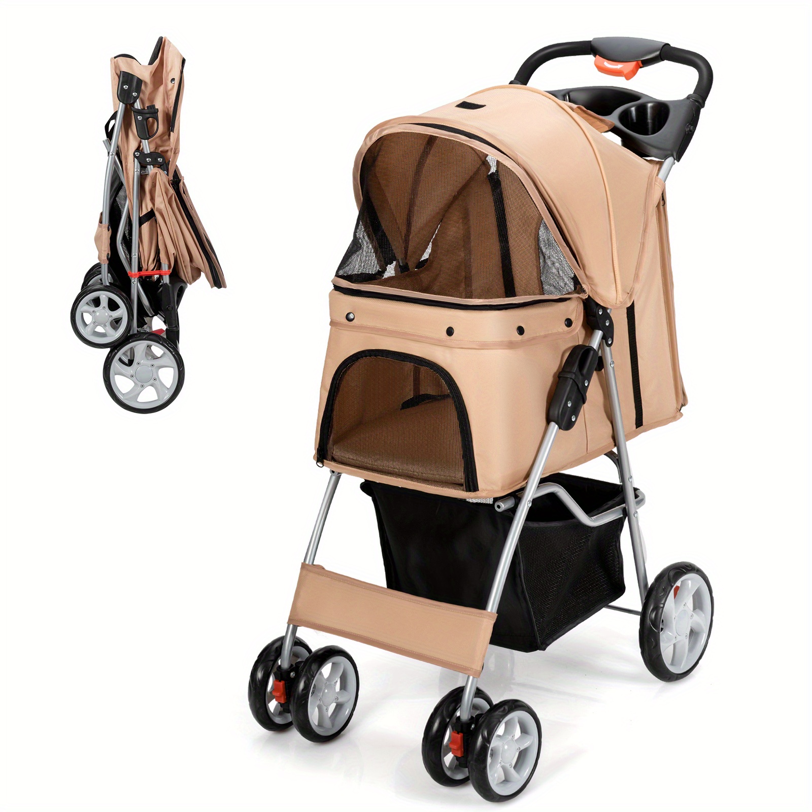 

Safstar Folding Pet Stroller 4-wheel Pet Travel Carrier W/storage Basket Beige