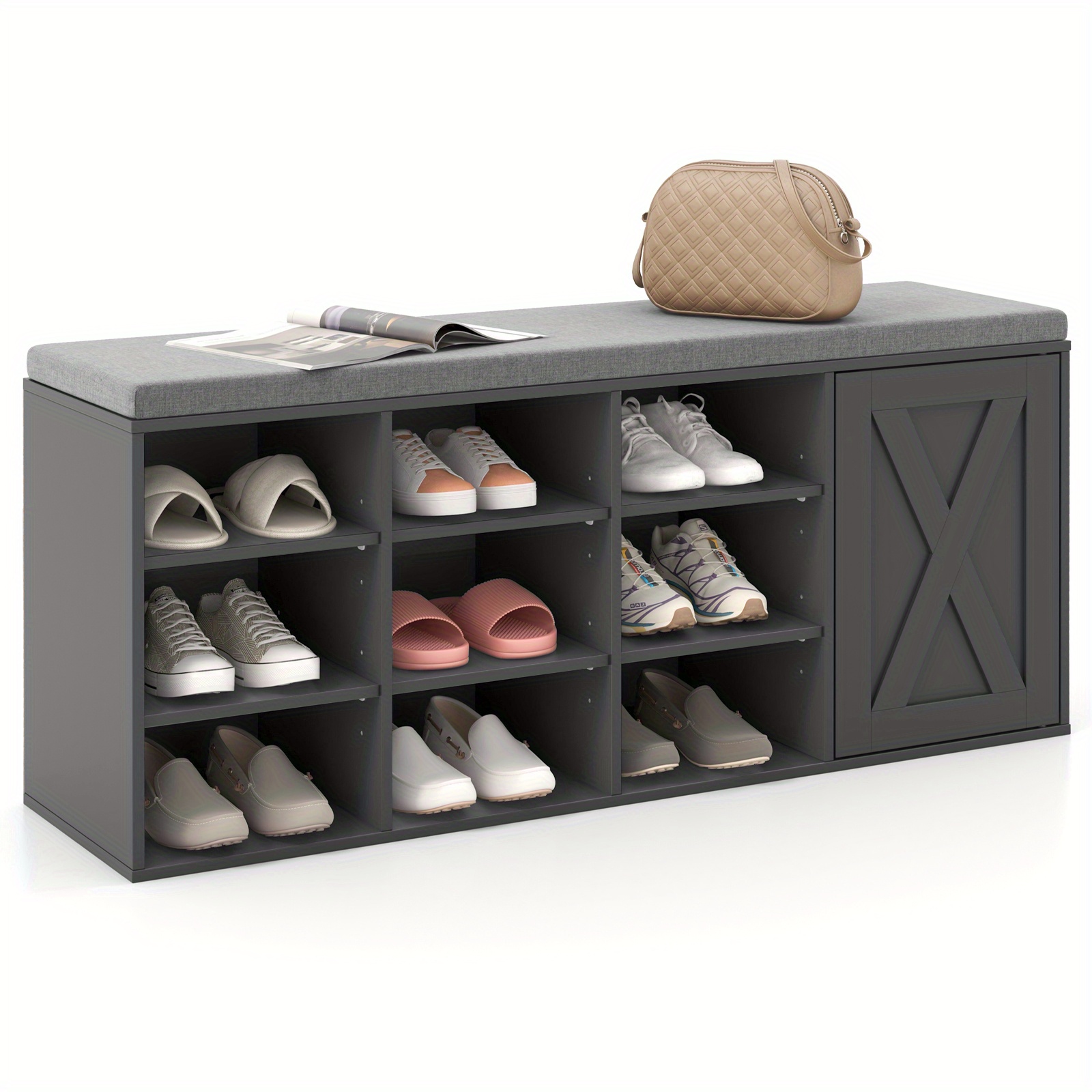 

Lifezeal Shoe Bench W/padded Cushion 9-cube Adjustable Storage Shoe Rack Grey