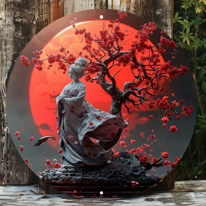 

Charming Japanese Woman In Kimono & Cherry Blossom Tree - 8x8" Round Aluminum Wall Art | Uv & Scratch Resistant, Easy To Hang