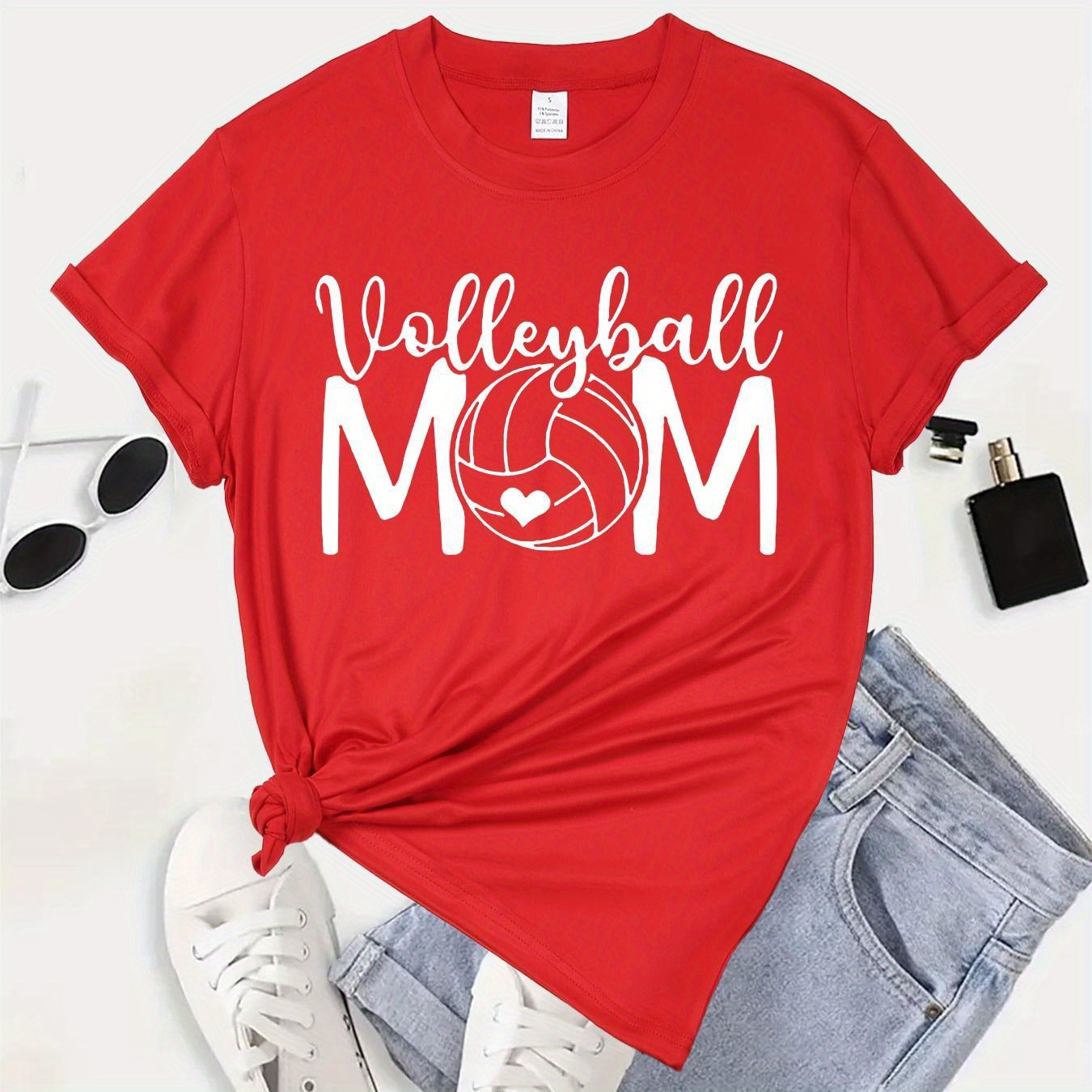 

volleyball Mom" Printed Graphic Short Sleeves Causal Sports T-shirt, Stylish Round Neck Workout Running Tops, Women's Activewear