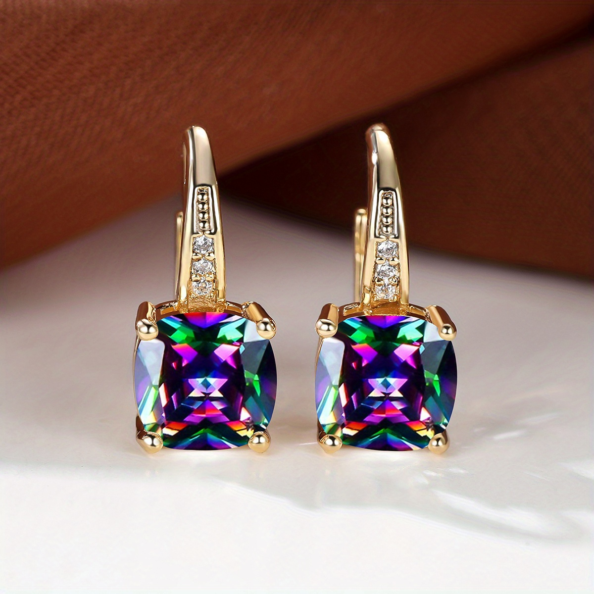 TEMU Rainbow Synthetic Zirconia Multicolor Synthetic Hoop Earrings For Women In Vintage Style, Ideal For Weddings And Parties