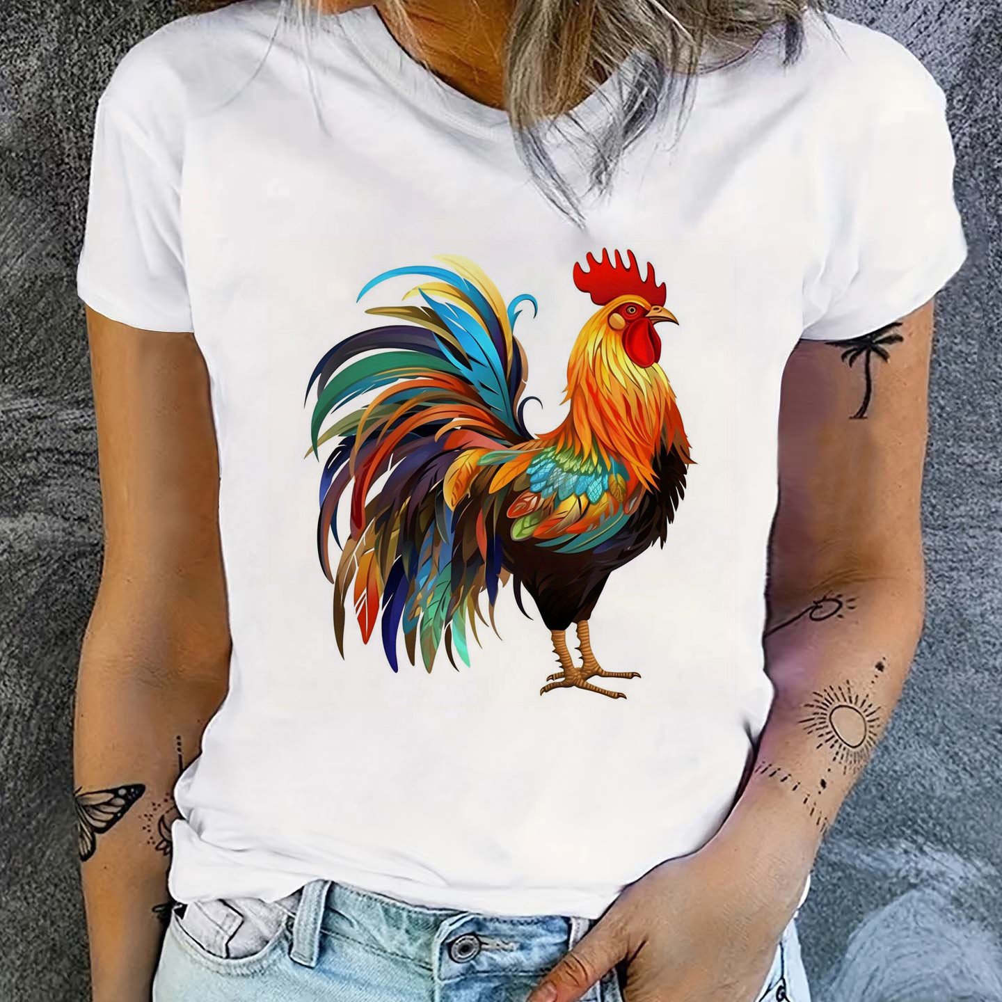 TEMU Rooster Print Short Sleeve T-shirts, Crew Neck Casual Top For Summer & Spring, Women's Clothing