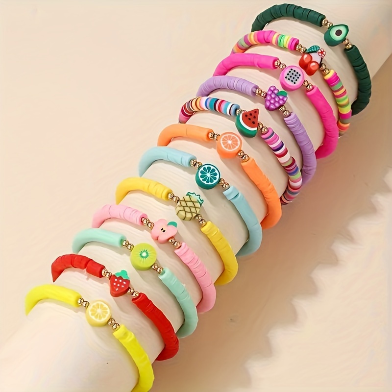 

12-piece Fruit-themed Polymer Clay Bracelets Set - Adjustable, Stackable & Handcrafted - Perfect For Teens & Up - Stylish Accessory Gift