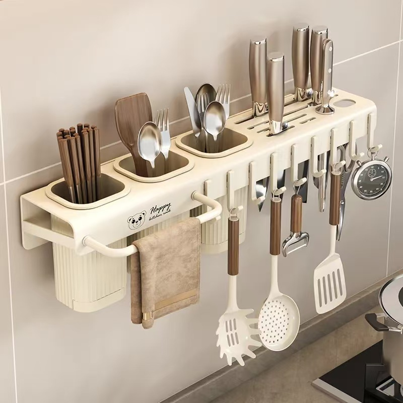 

Wall-mounted Stainless Steel Kitchen Rack With Knife Holder, Chopstick Tube, And Towel Hooks, Hanging Shelf Organizer, Multi-functional Utensil Storage Basket, No-drilling Required