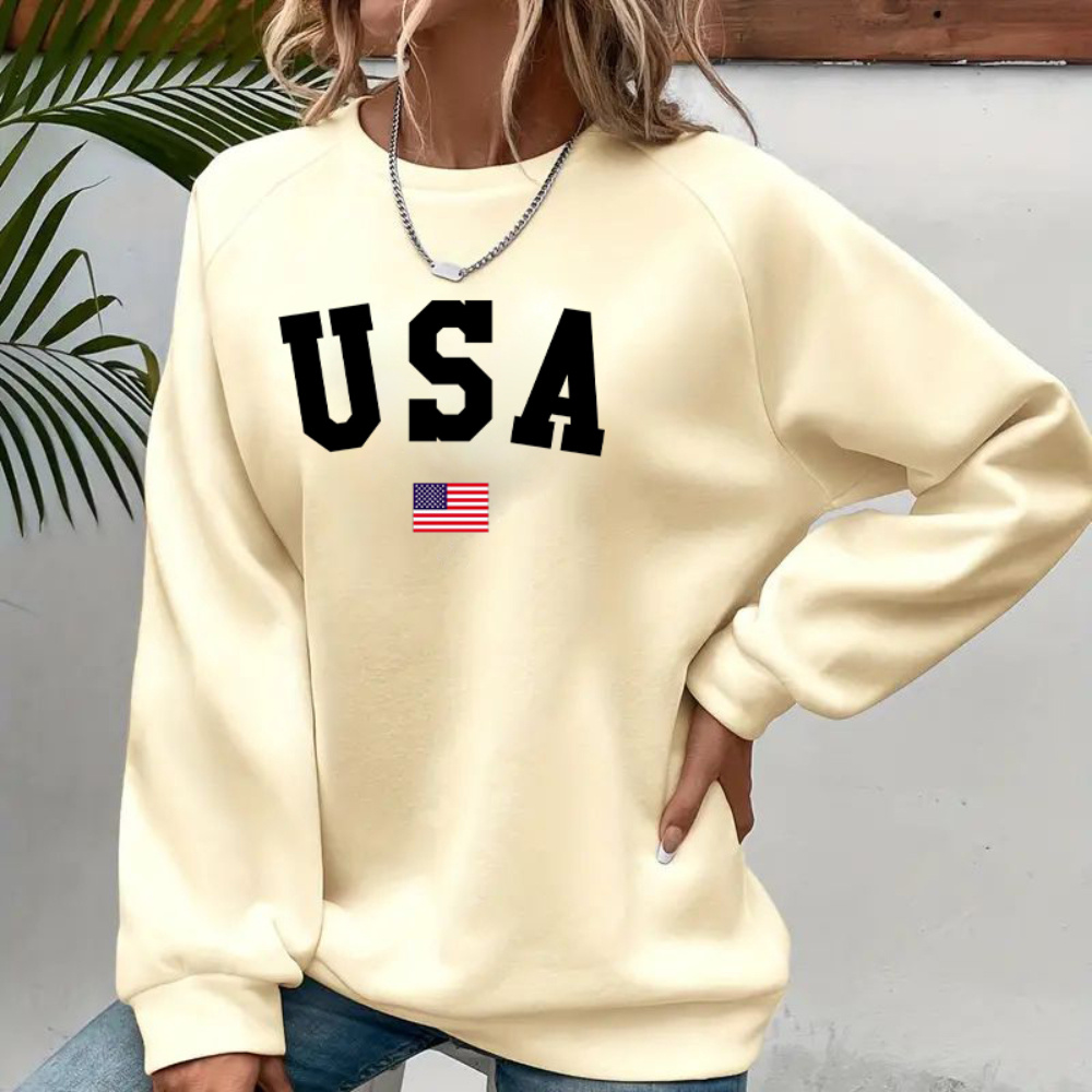 

Usa Flag Print Pullover Sweatshirt, Casual Long Sleeve Crew Neck Sweatshirt For Fall & Winter, Women's Clothing