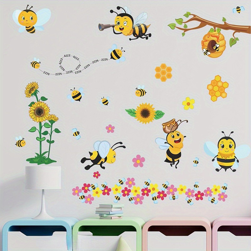 

1pc Matte Pvc Bee And Flower Wall Decals, Oblong Self-adhesive And Reusable Wall Sticker For Kids' Bedroom And Home Decor