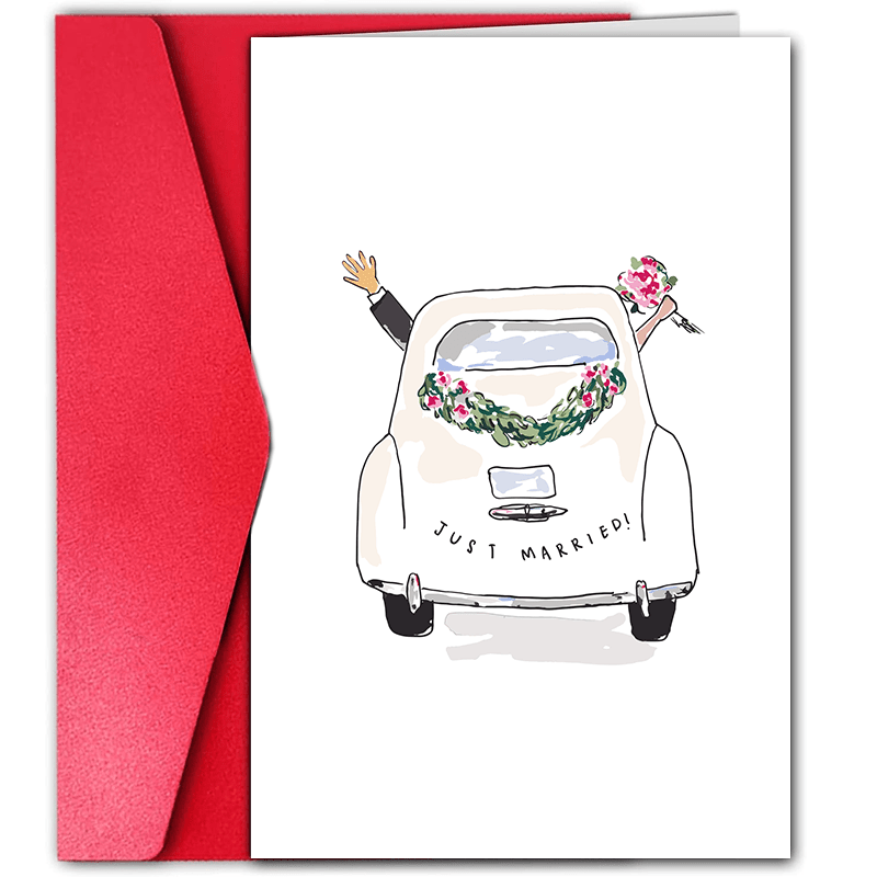 

Just Married Funny Wedding Congratulations Card With Classic Car Illustration - Universal Greeting Card For Bride And Groom, Cartoon Animals Theme, Paper Material, 1pc