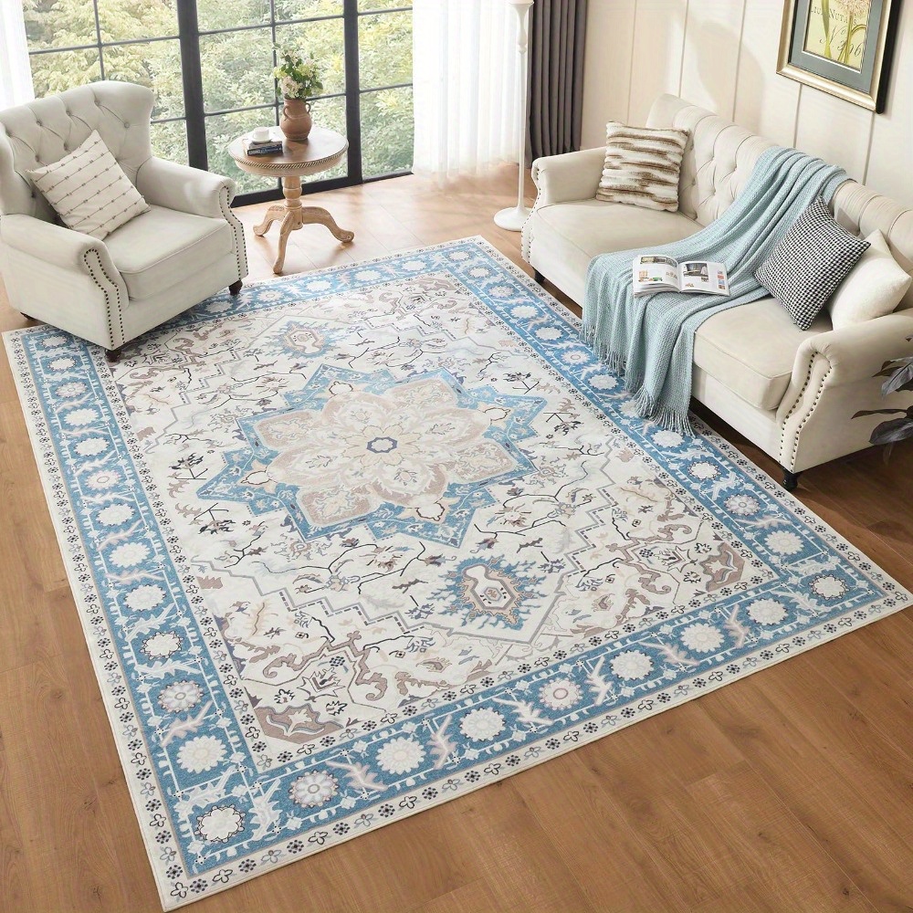 

Area Rug - 4x6 Low-pile Machine Washable Rug Vintage Rug With Non-slip Backing, Non-shedding Indoor Floor Rugs For Living Room Bedroom Kitchen Laundry Home Office Carpet, Blue
