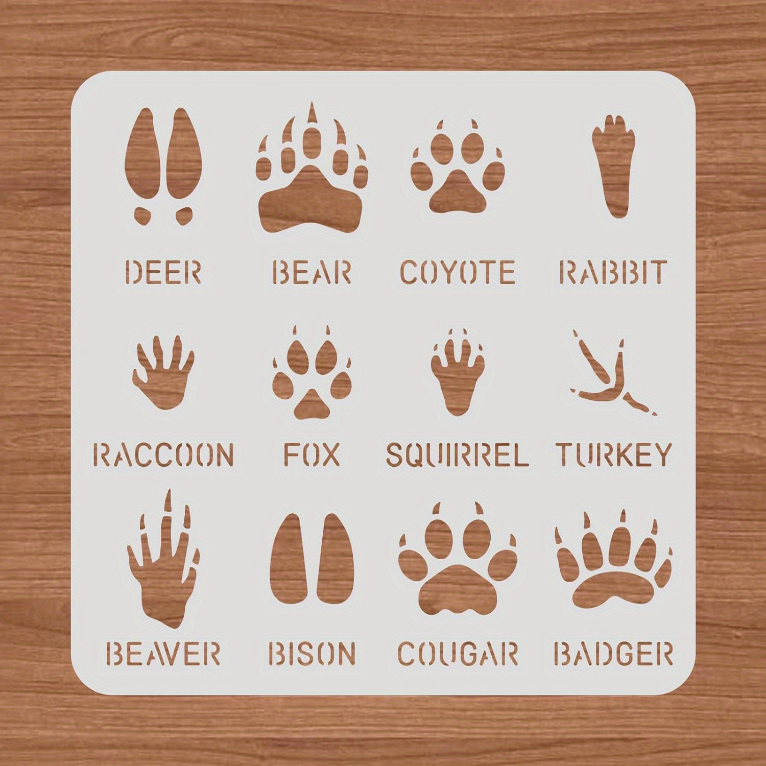 Image of 12 Type Animal Footprint Paw Stencils, 12x12" Deer/bear/rabbit/fox/turkey Drawing Stencils For Wood Wall Painting And Scrapbooking