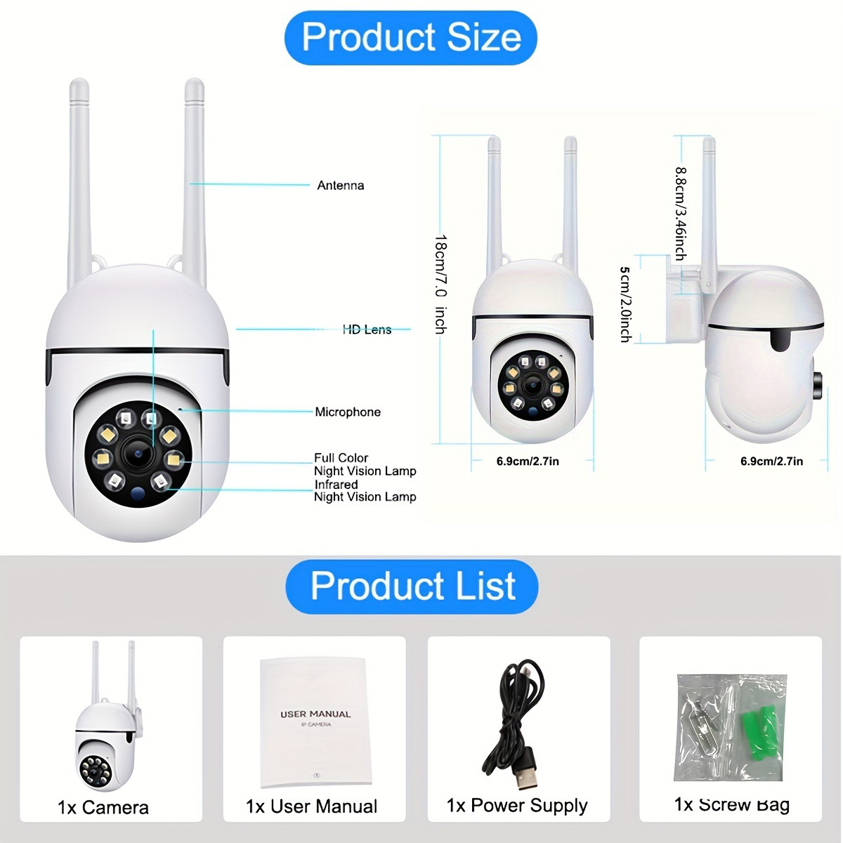 1 dona yuqori aniqlikdagi Wi-Fi kuzatuv kamerasi 355 daraja pan tilt interkom kamerasi ichki va tashqi makon uchun mos keladigan masofaviy tungi ko'rish kamerasi aqlli kamera ilovasi ishlashi uchun simsiz kamera tf karta bulutli saqlash tafsilotlari 10