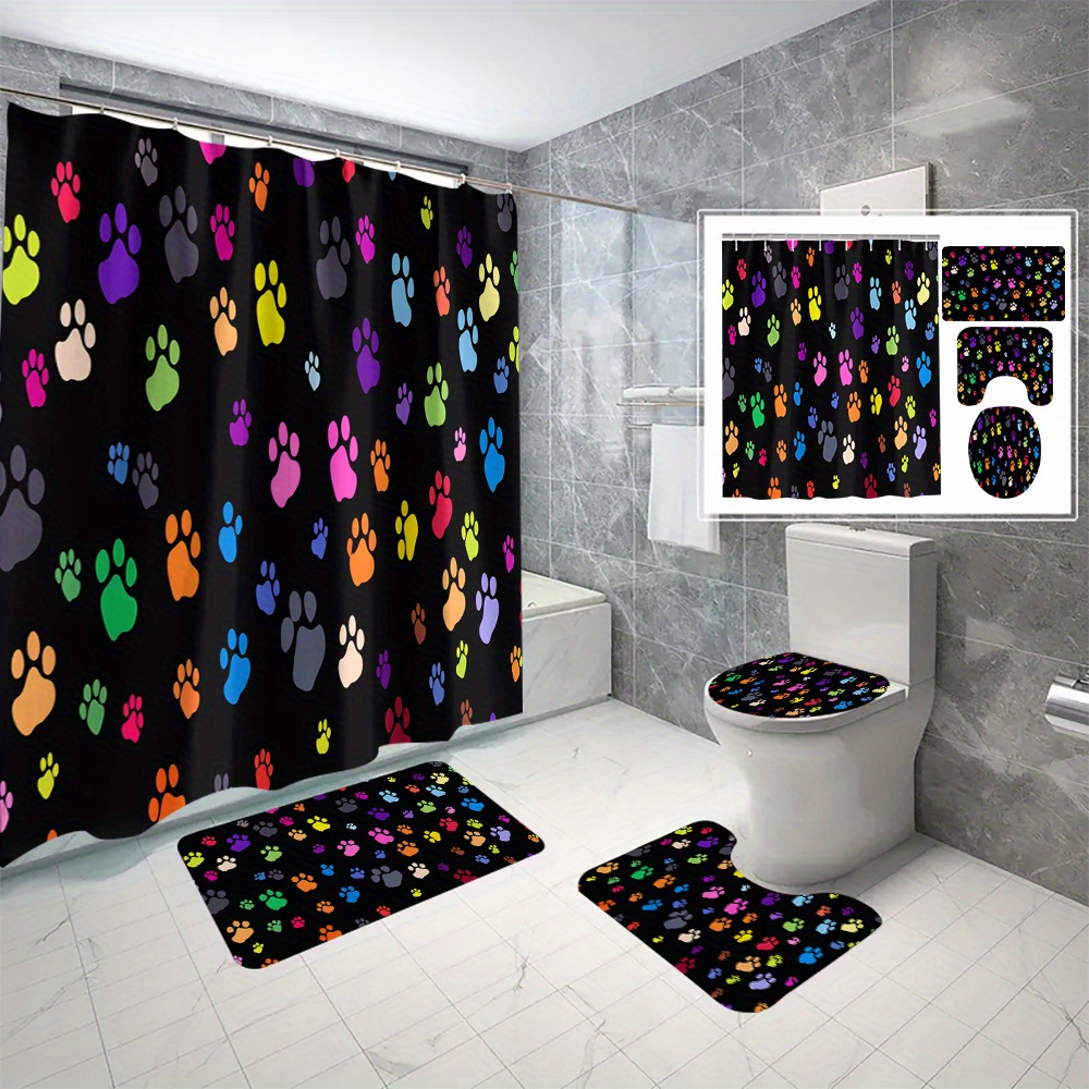

Water-resistant Polyester Shower Curtain Set With Colorful Paw Prints Design, Knit Weave, Includes Hooks, Machine Washable, Animal Theme Bathroom Decor For All Seasons
