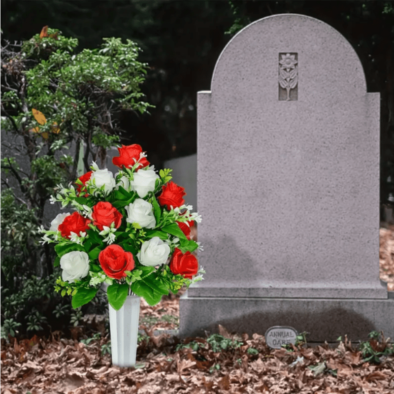 

1pcs Rose Artificial Flowers For Cemetery - Plastic Memorial Grave Flowers, Outdoor Anniversary Faux Floral Arrangement For Funeral, Tributes, Sympathy, And Graveside Decor