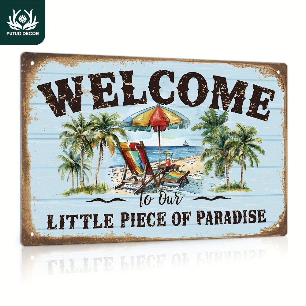 

Welcome To Our Paradise Metal Tin Sign - English Wall Hanging Decorative Plaque, Multipurpose Vintage Home, Beach, Farmhouse Wall Art Decoration - Putuo Decor 1pc