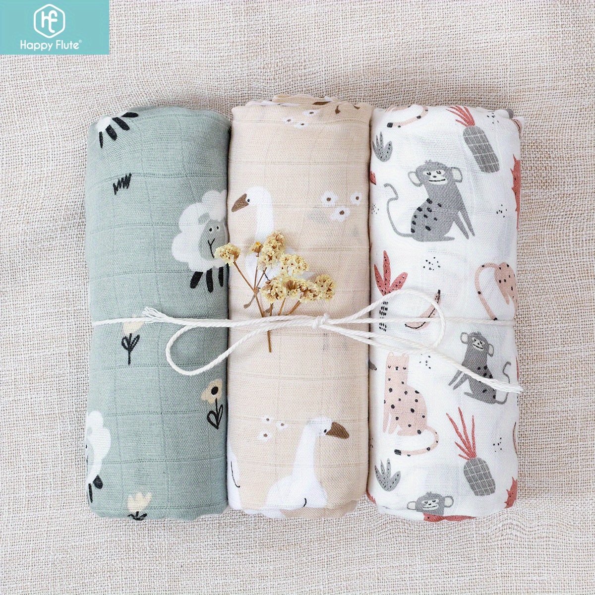 

Happy Flute 3-pack Bamboo Muslin Swaddle Blankets, 2-layer Gauze-kets, Hand Wash, For 0-3 Years Infants And Toddlers, 43.3" X 47.2