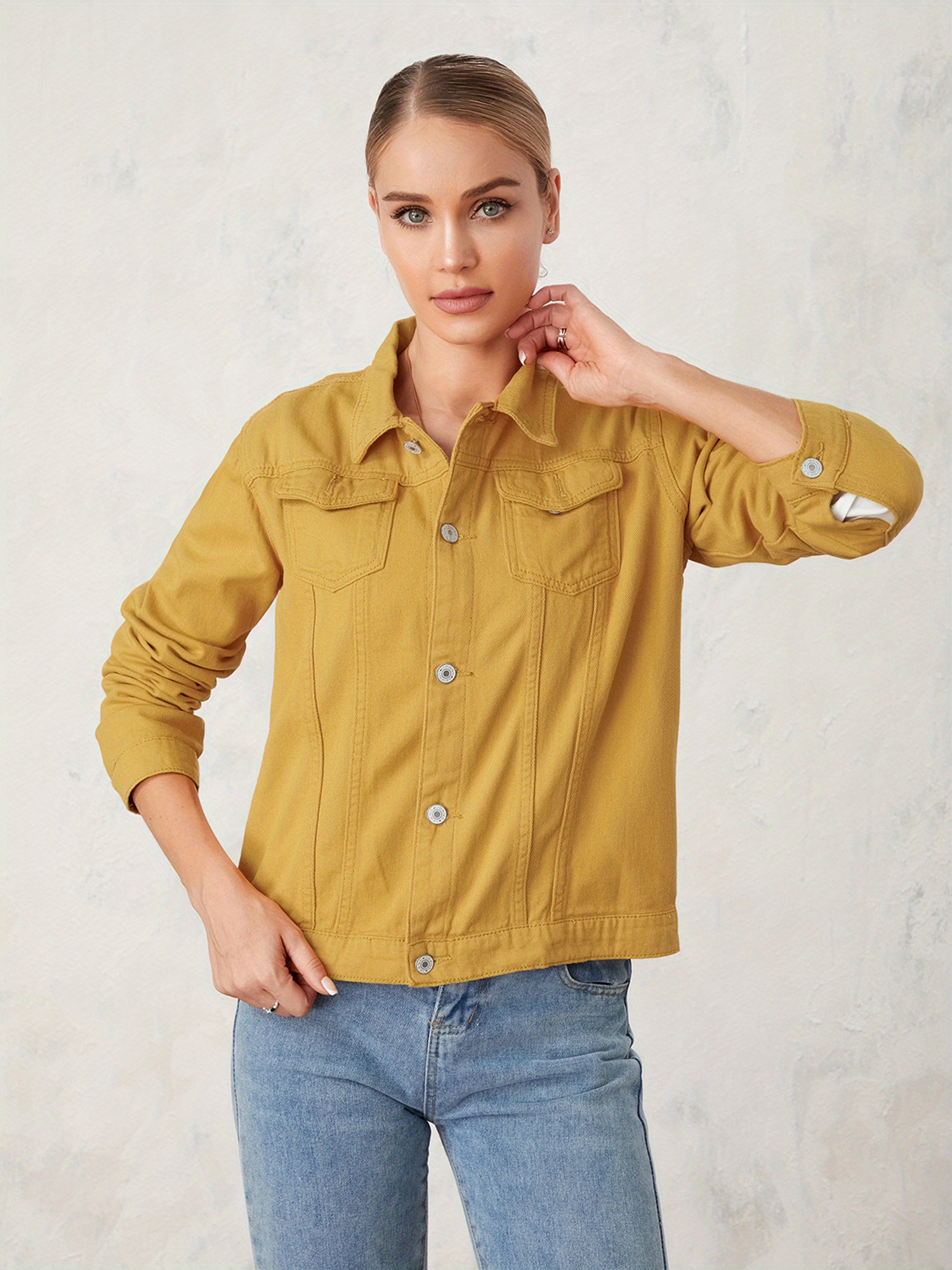 Jacket Matching Jeans For Yellow Shirt Womens Solid Color Denim