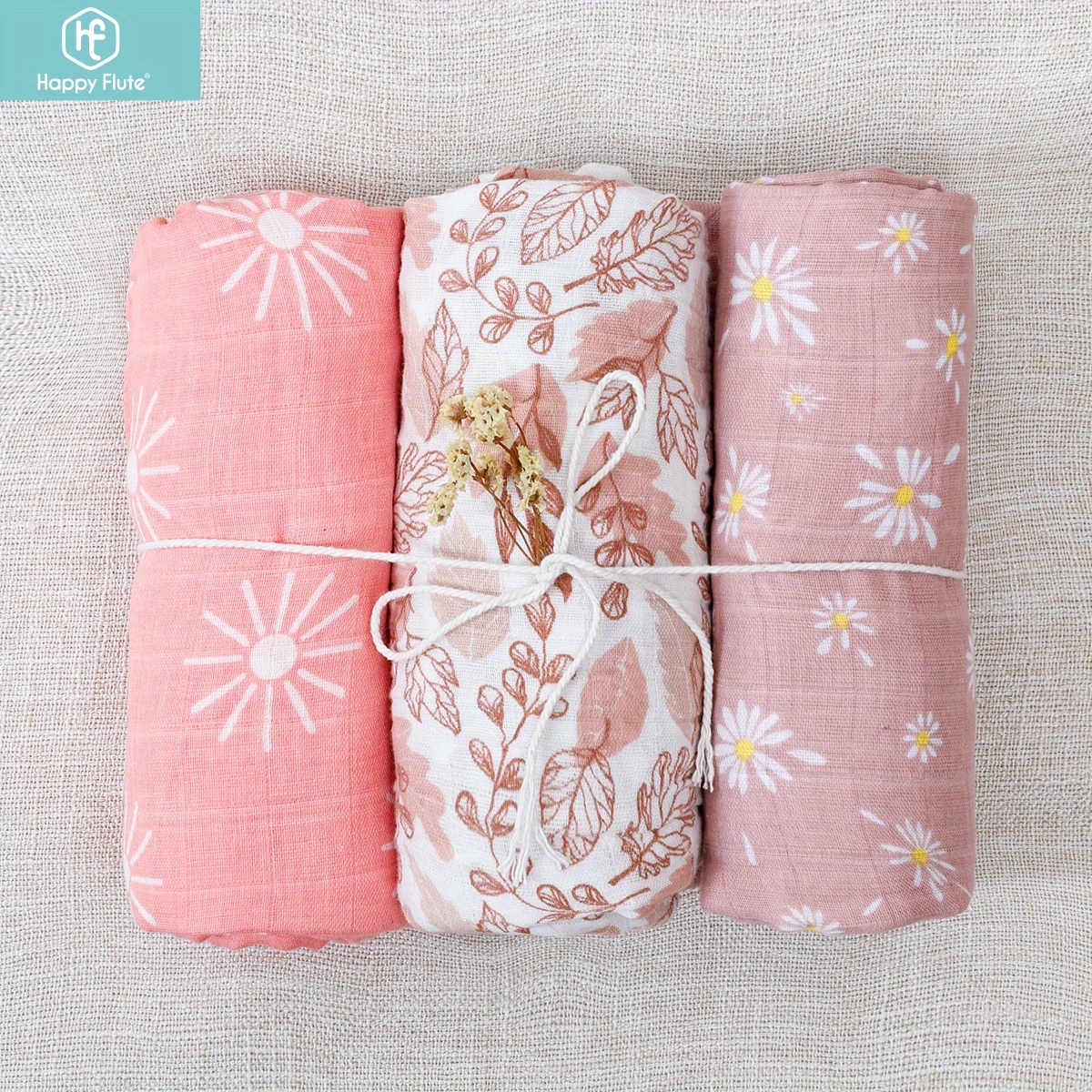 

Happy Flute 3-piece Set: Soft Cotton Muslin Swaddle Blankets For Babies - Neutral, 2 Layers, Hand Wash Only, Perfect For Infants 0-3 Years