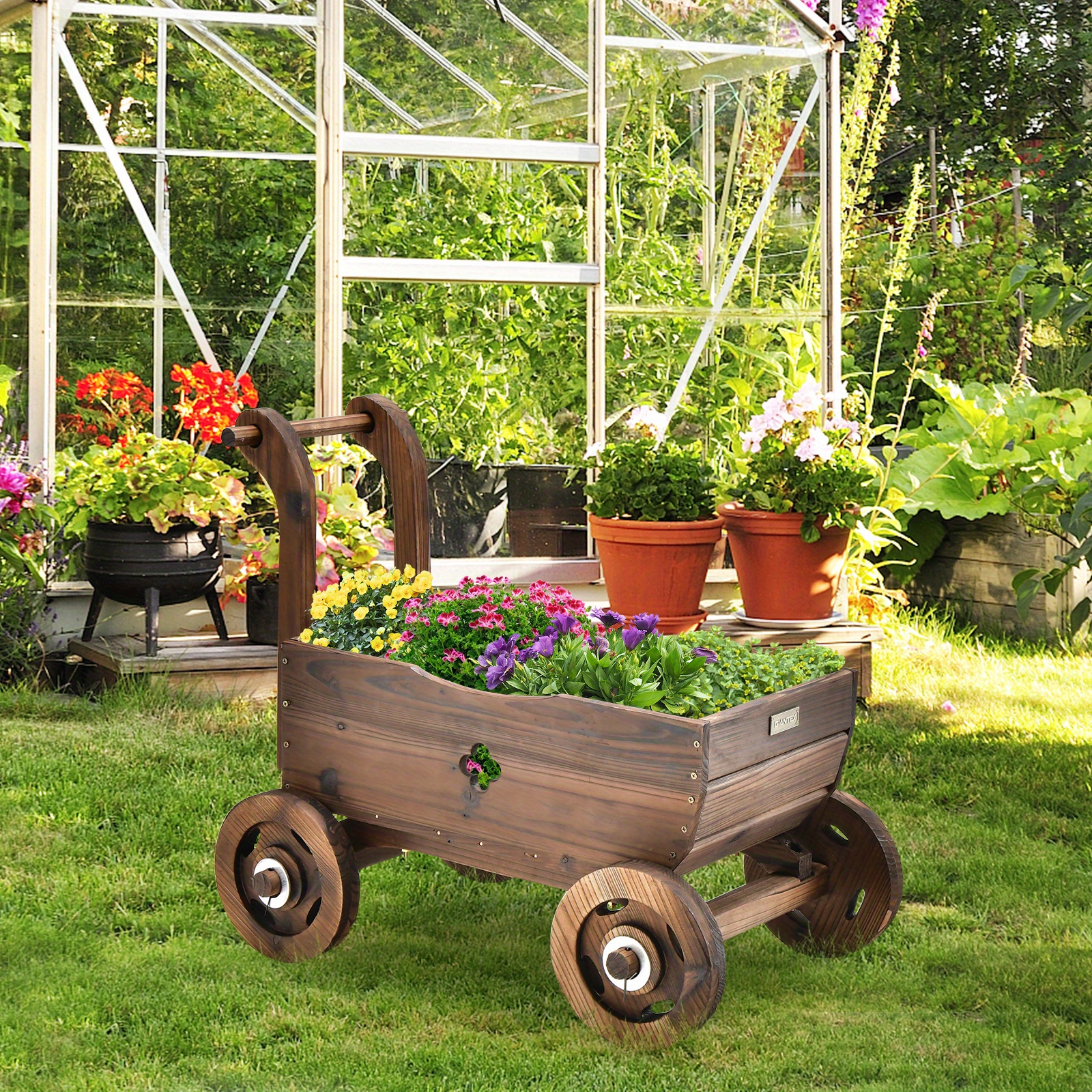 Costway Wood Wagon Flowe Plante Pot Stand W/Wheels Home