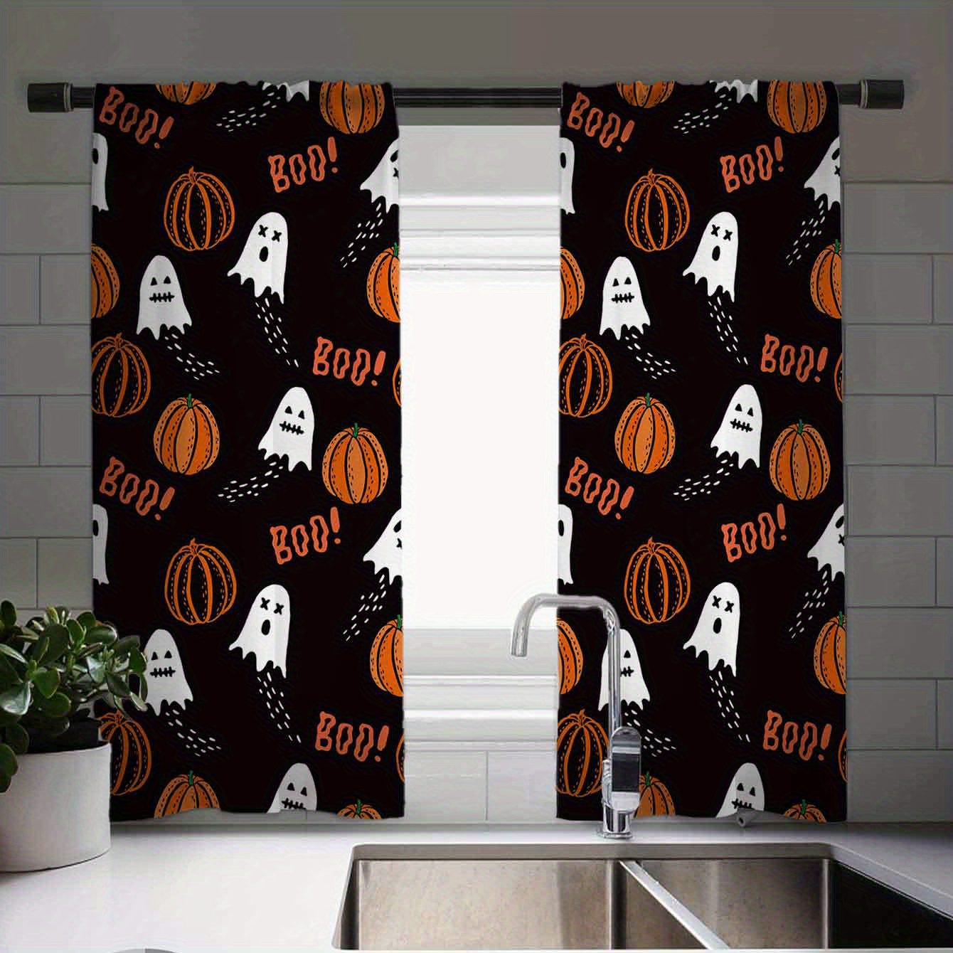 

Boo! Halloween Kitchen Curtains: Cartoon Pumpkin And Ghosts Design - Perfect For Farmhouse, Kitchen, Living Room, And Bedroom Decor