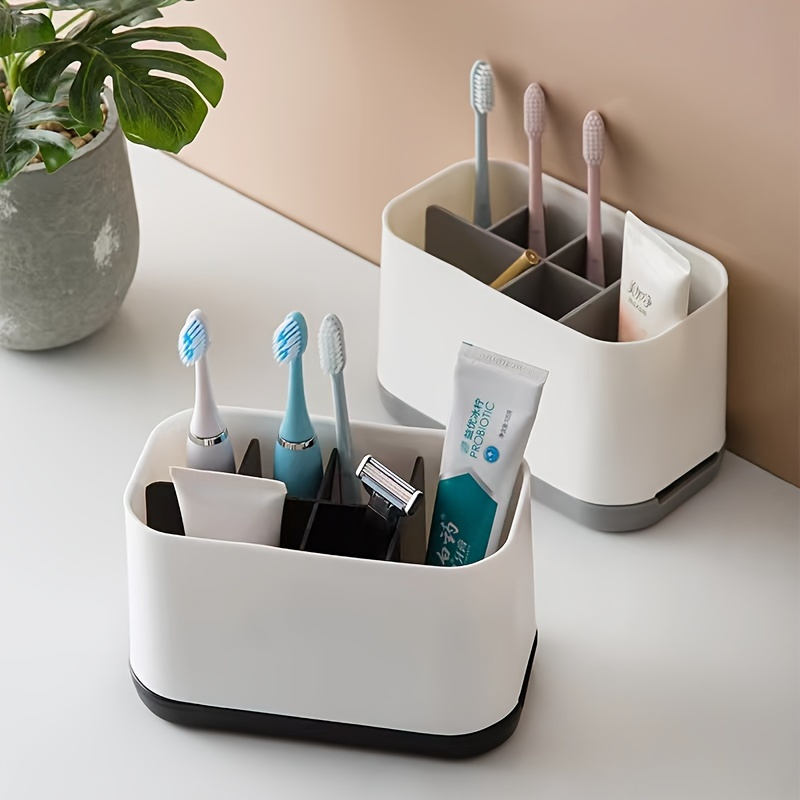 

Modern Multi-compartment Bathroom Organizer - Detachable Toothbrush & Toothpaste Holder With Water Drainage, Ideal For Brushes, Combs & Toiletries