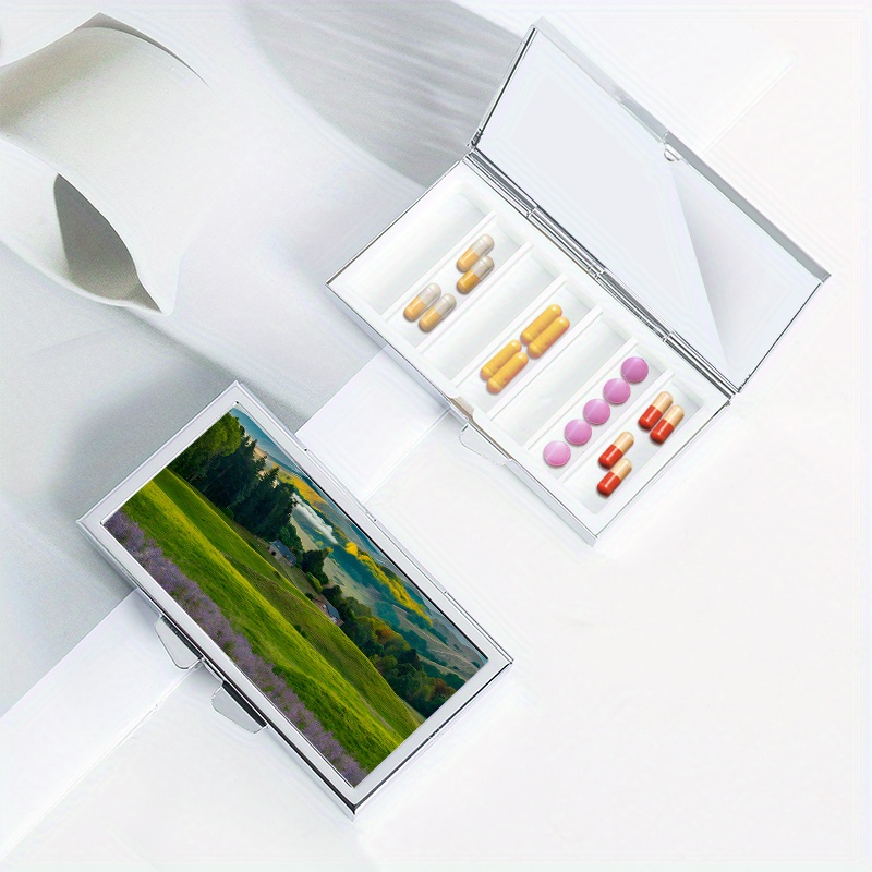 Grassland Pattern Rectangular Medicine Box with 7 Compartments