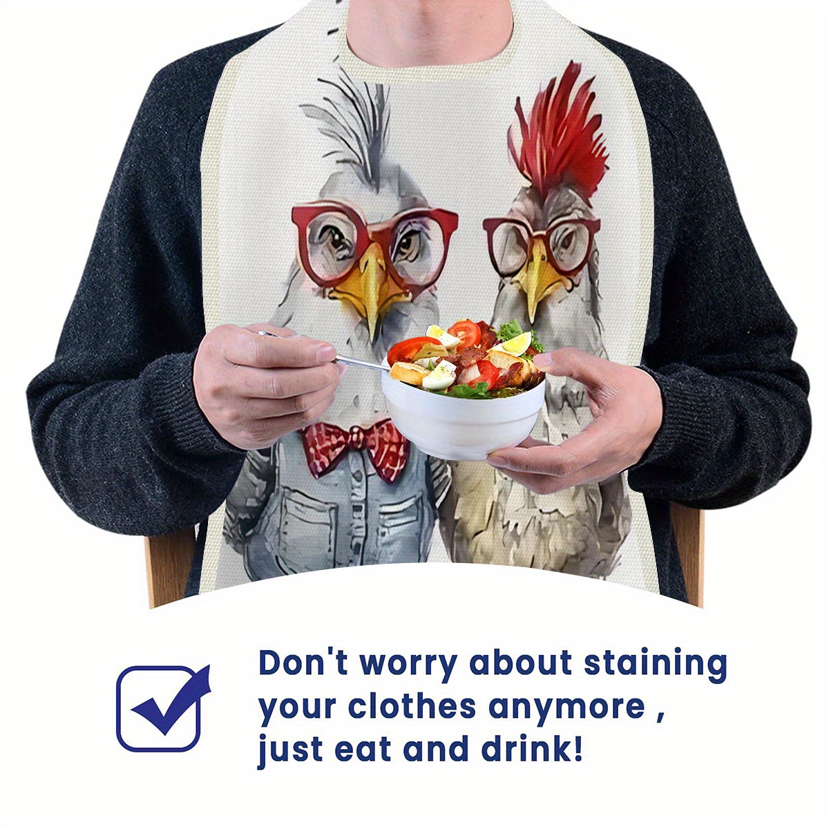 

1pc Stylish Rooster Pattern Linen Bib - Waterproof & Oil-resistant, Perfect For Elderly & Feeding