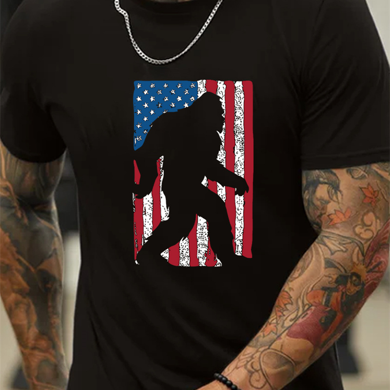 

Creative American Flag And Gorilla Silhouette Graphic Print, Men's Casual Round Neck Short Sleeve T-shirt, Fashion Trendy Style, Comfortable Top For Summer