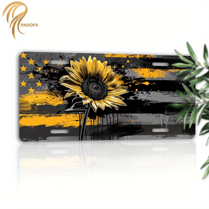 

Rniiopx Waterproof Aluminum License Plate – Decorative Sunflower & Stars American Flag Design Car Front Cover Plate 6x12 Inch (1pc)