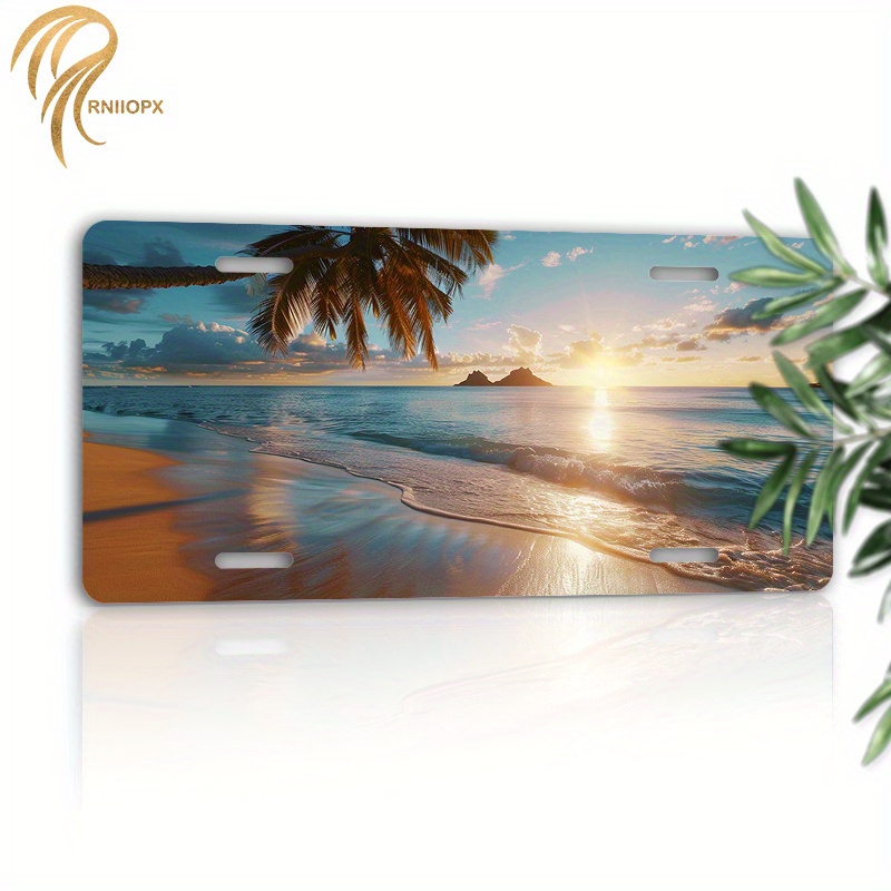 

1pc, Aluminum License Plate Cover, 6x12inch (15.2x30.5cm), Sunrise Beach Scene, Decorative Car Front Plate Protector, Artistic Car Accessory