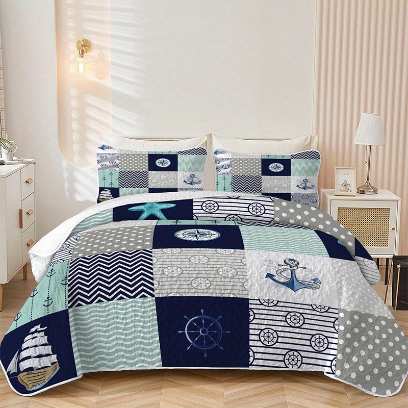 

Lightweight Nautical & Checkered Pattern Quilt Set – Queen/king Size, Woven Polyester Bedspread With 2 Pillowcases, Cozy & Easy Care Bed Cover Set For Bedroom Decor – Machine Washable