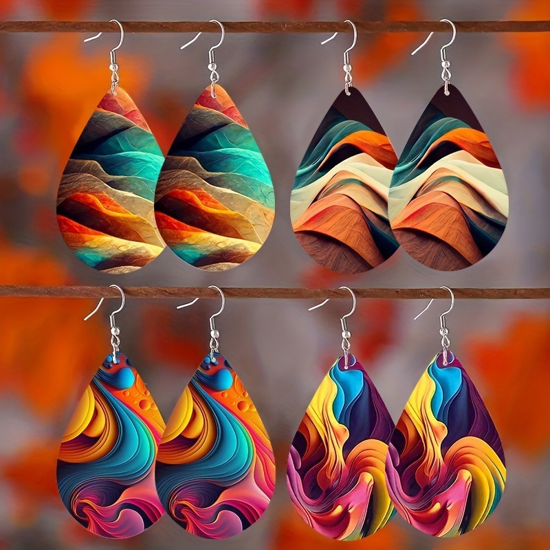 

4pairs 3d Wooden Water Drop Earrings Paint Pattern, Pendant Jewelry For Girls Gifts