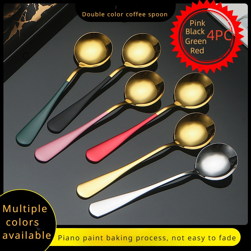 

4-piece Set Of Metallic Stainless Steel Long Handle Spoons - Suitable For Beverages, Desserts & More - Perfect For Home, Restaurants & Cafes Beverage And Dessert Spoons With Durable Handles